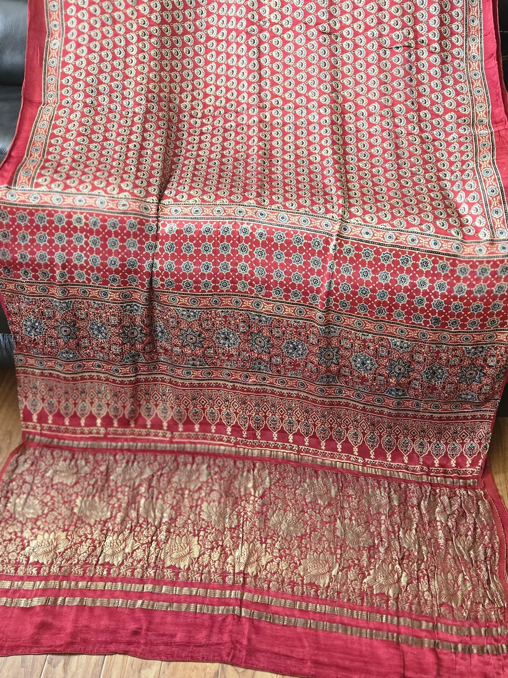 Beautiful CrimsonRed Handblock Ajrak Print Modal SilkSari With Matching Ajrak BP